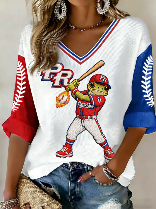 Women's Puerto Rico Baseball Print Casual Waffle T-shirt