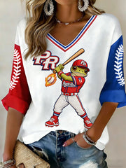 Women's Puerto Rico Baseball Print Casual Waffle T-shirt
