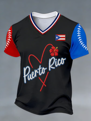 Men's Puerto Rico Baseball Printed V-neck T-shirt