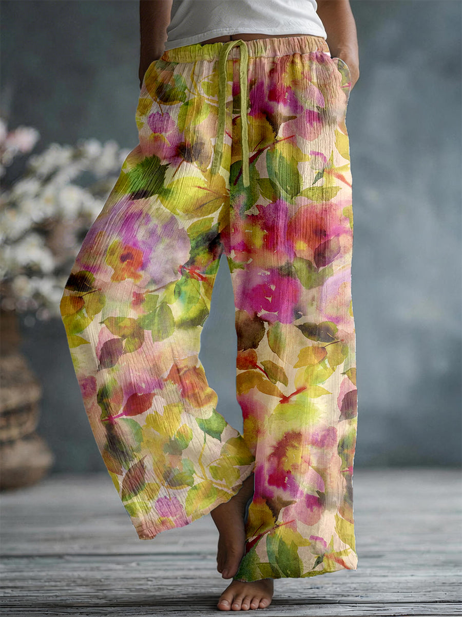 Women's Elegant Floral Pattern Linen Blend Pants