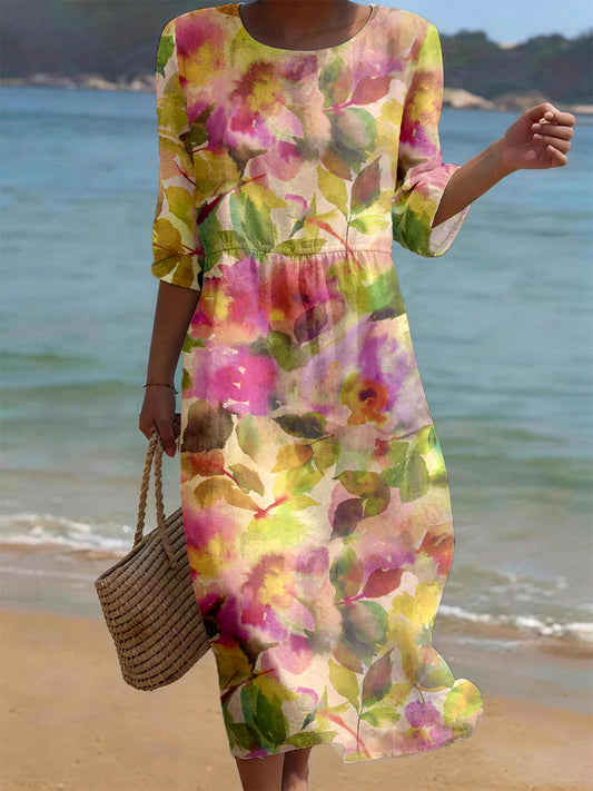 Women's Elegant Floral Pattern Linen Blend Dress