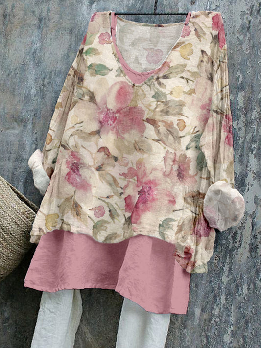 Women's Elegant Floral Pattern Linen Blend Shirt