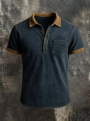 Men'S Retro Washed Colorblock Short-Sleeved Polo Shirt