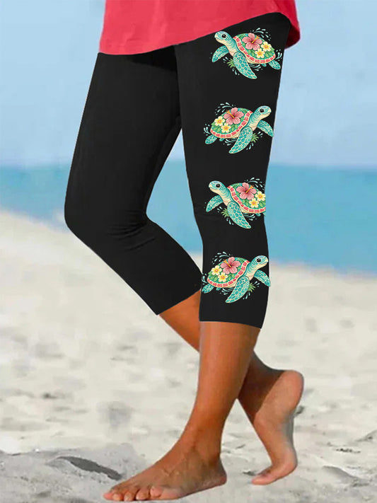 Women's Floral Sea Turtle Print Casual Cropped Leggings