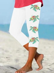 Women's Floral Sea Turtle Print Casual Cropped Leggings