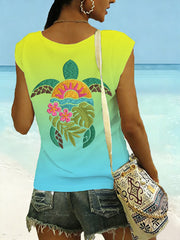 Women's Floral Sea Turtle Print Casual Sleeveless Tee