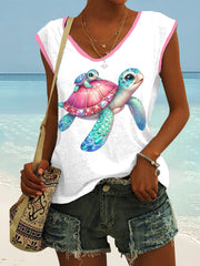 Women's Cute Sea Turtle Mom And Baby Print Casual Sleeveless V-Neck Tee