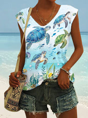 Women's Cute Sea Turtles Print Casual Sleeveless V-Neck Tee