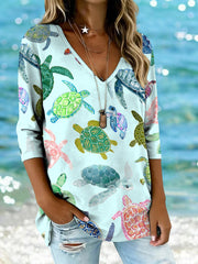 Women's Ocean Animals Sea Turtles Print Casual T-Shirt