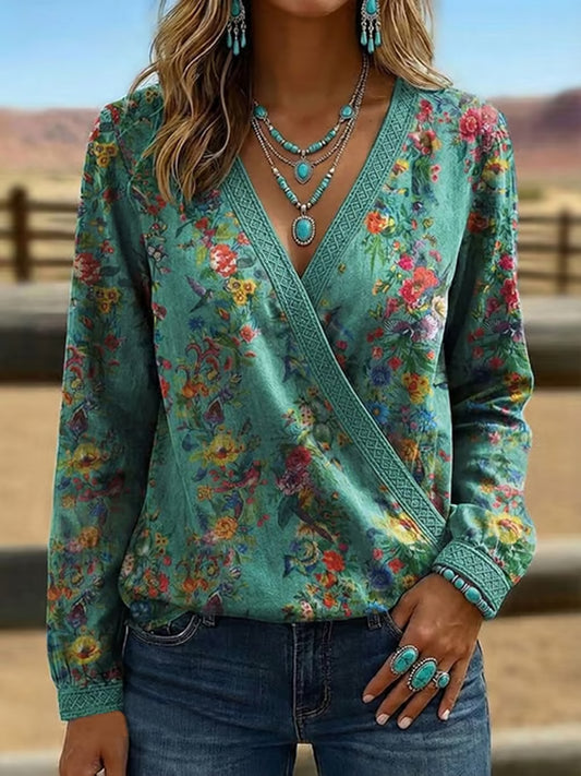 Women's Vintage Western Style V-Neck Long Sleeve Top