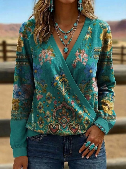 Women's Vintage Western Style V-Neck Long Sleeve Top