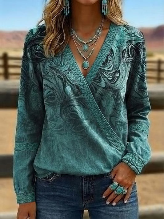 Women's Vintage Western Style V-Neck Long Sleeve Top