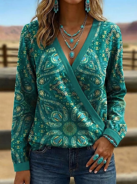 Women's Vintage Western Style V-Neck Long Sleeve Top
