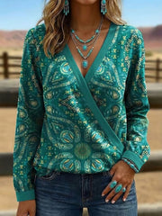 Women's Vintage Western Style V-Neck Long Sleeve Top