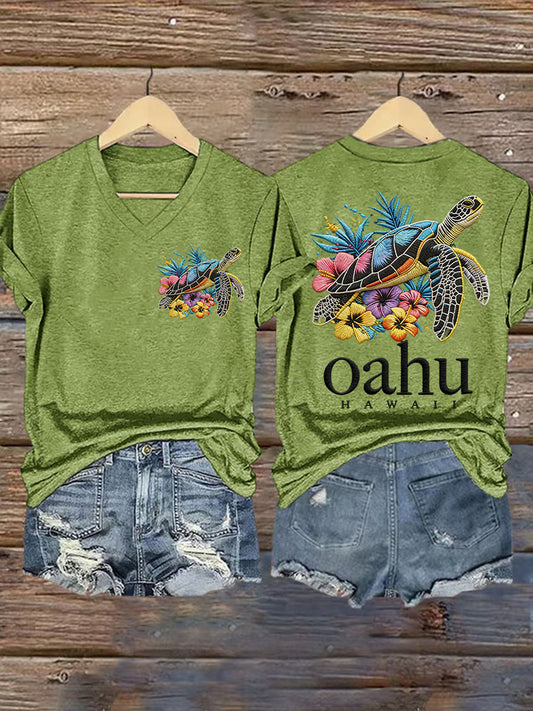 Women's Oahu Hawaii Sea Turtle Oahu Strong Print V-Neck Tee