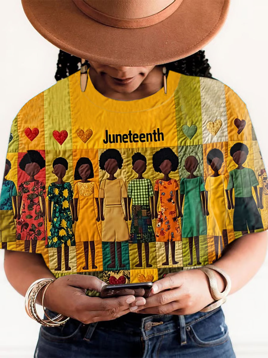 Women's Casual Black Juneteenth Print Crew Neck T-Shirt
