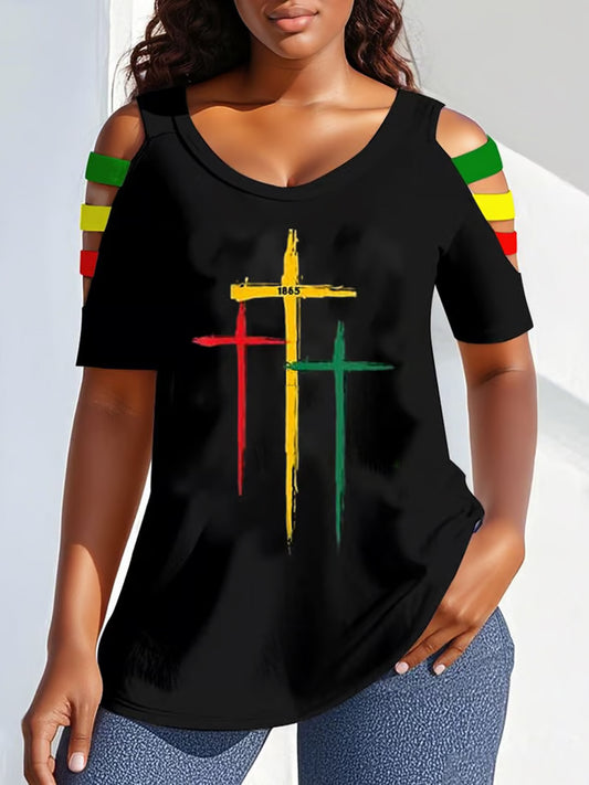 Women's Casual Black Juneteenth 1865 Print Faith Cross T-Shirt