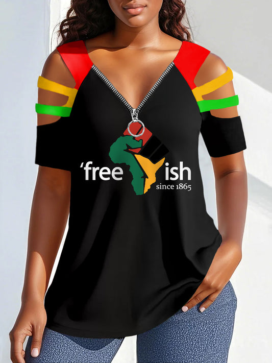 Women's Free-ish Since 1865 Juneteenth Print Zipper Hollow Tee