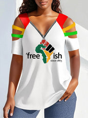 Women's Free-ish Since 1865 Juneteenth Print Zipper Hollow Tee