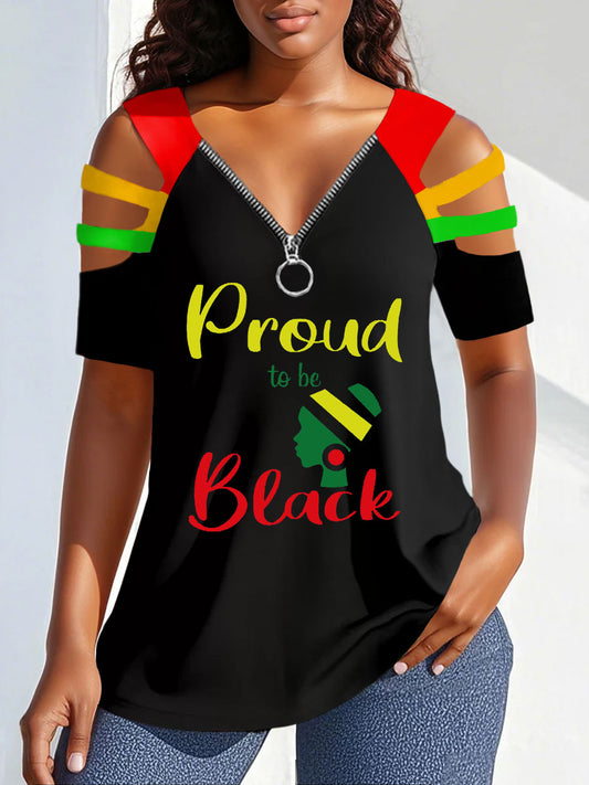 Women's Juneteeth Pride Black History Printed T-shirt V-neck Zipper Tops