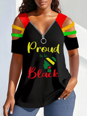 Women's Juneteeth Pride Black History Printed T-shirt V-neck Zipper Tops
