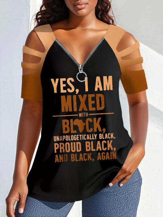 Women's Juneteeth Pride Black History Printed T-shirt V-neck Zipper Tops