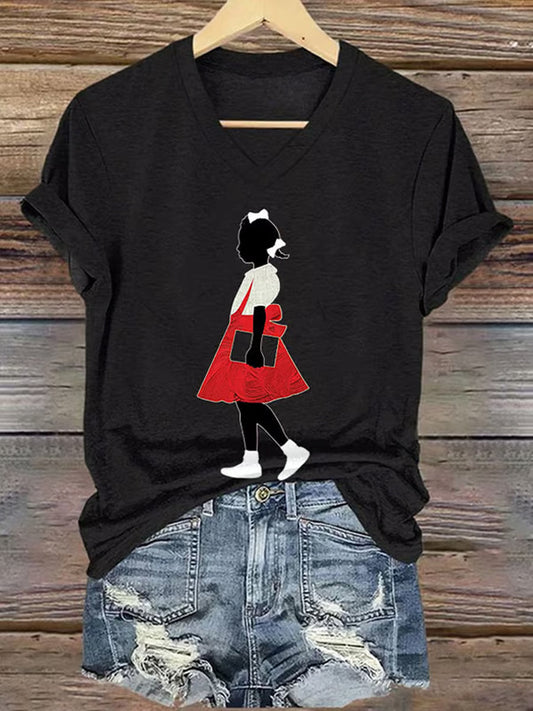 Women's Juneteenth Black Girl In Red Dress Art Print Short Sleeve T-Shirt