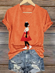 Women's Juneteenth Black Girl In Red Dress Art Print Short Sleeve T-Shirt
