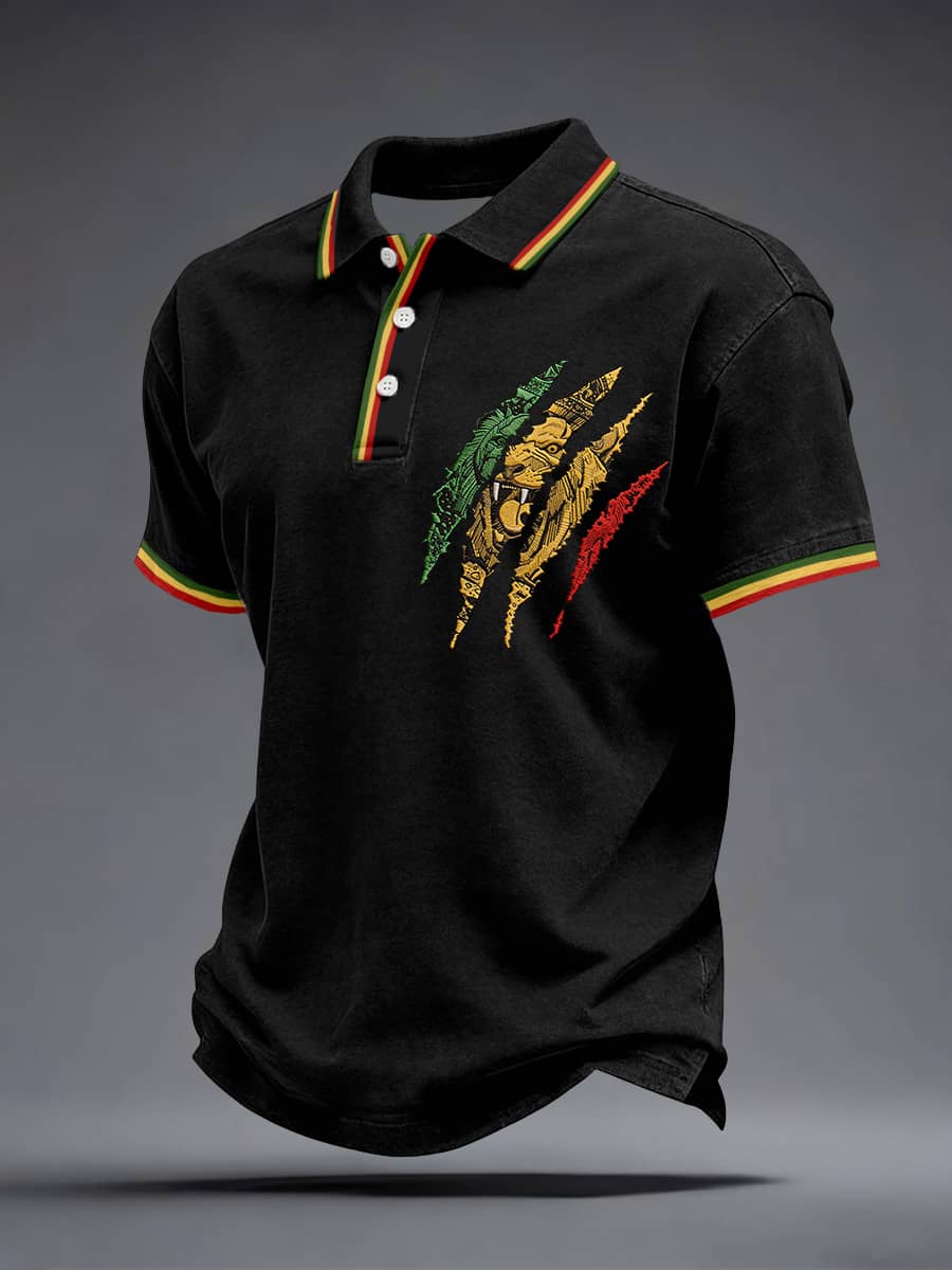 Men's Reggae Lion Embroidery Pattern Polo Shirt