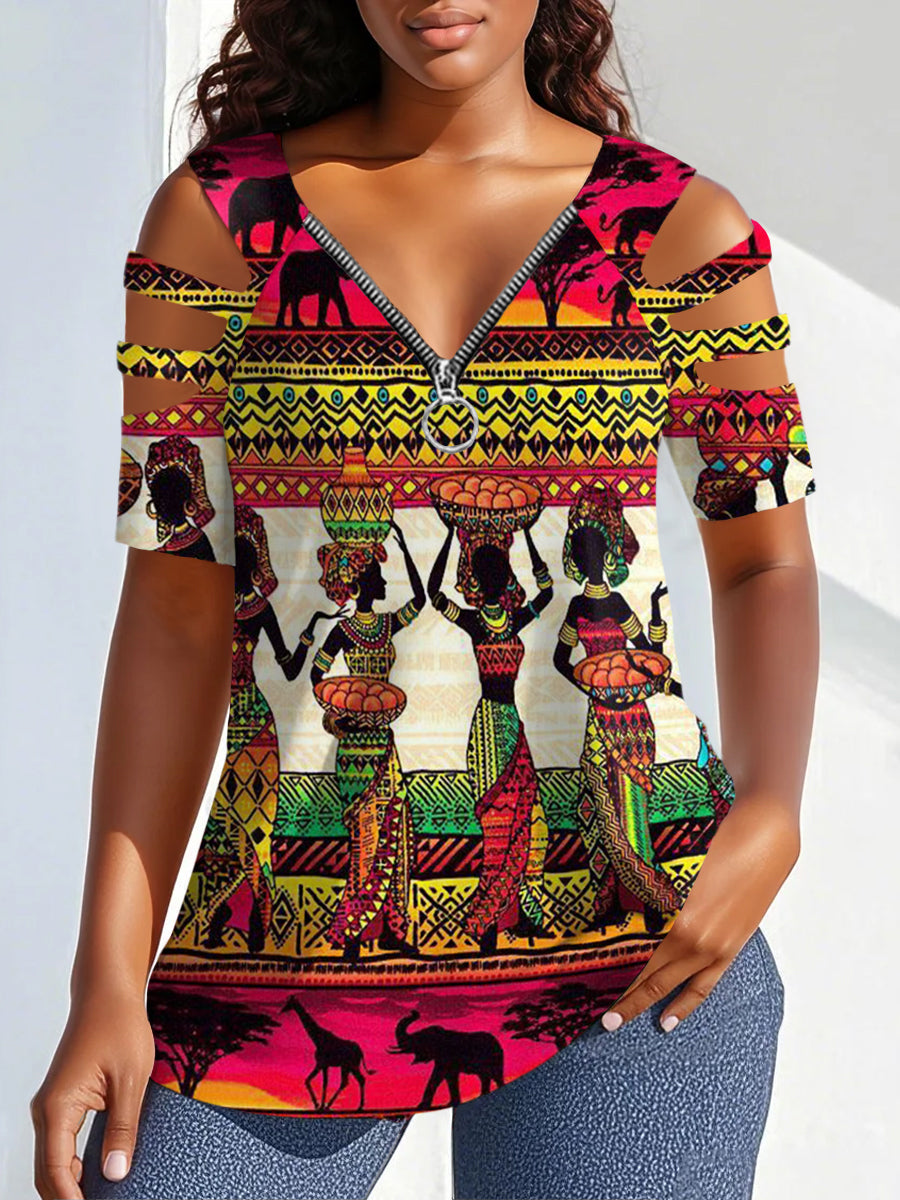 Women's Retro Africa Print Casual Zipper Off-Shoulder Tee