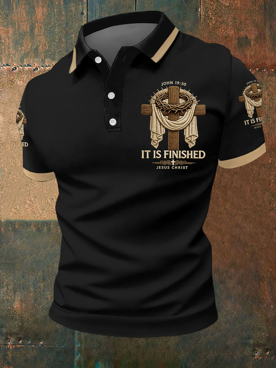 Men's He Is Risen It’s Finished Easter Jesus Christian Cross Print Casual Polo