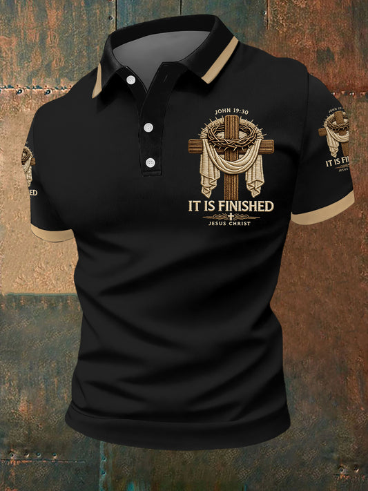 Men's He Is Risen It’s Finished Easter Jesus Christian Cross Print Casual Polo