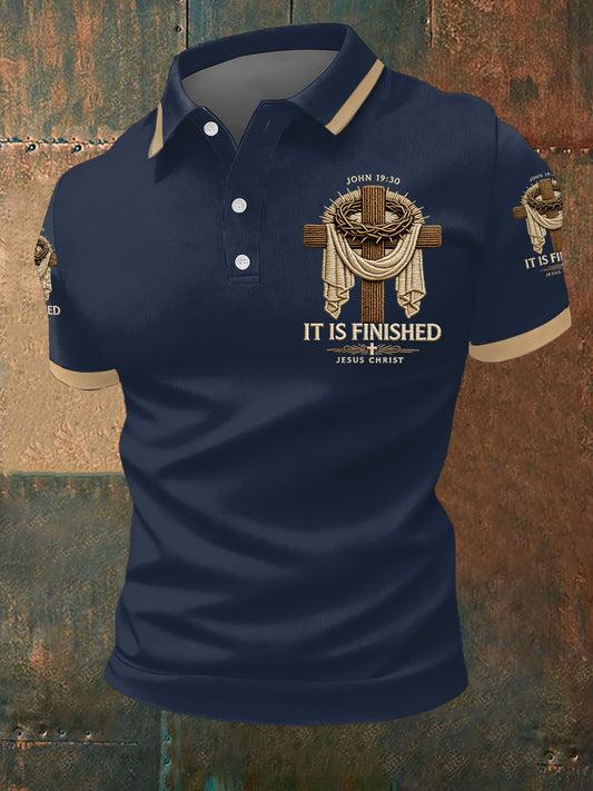 Men's He Is Risen It’s Finished Easter Jesus Christian Cross Print Casual Polo