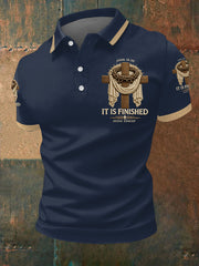 Men's He Is Risen It’s Finished Easter Jesus Christian Cross Print Casual Polo