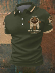 Men's He Is Risen It’s Finished Easter Jesus Christian Cross Print Casual Polo