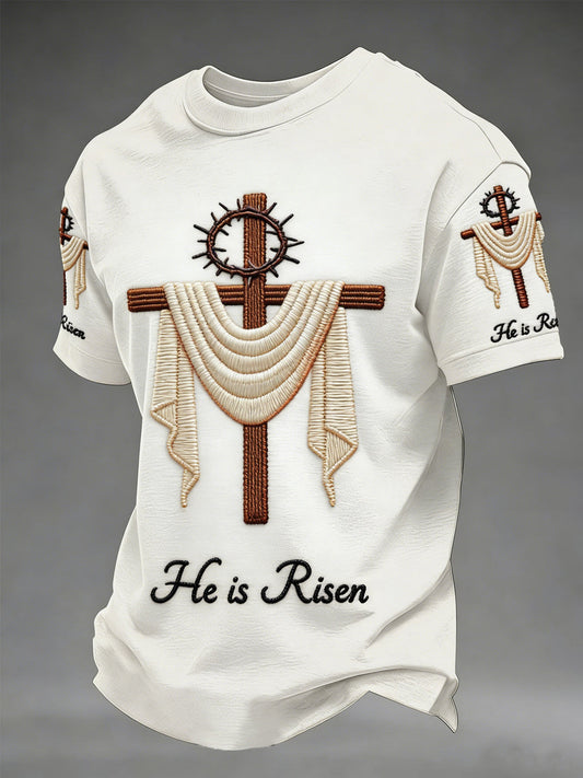 Men's He Is Risen Easter Jesus Christian Cross Print Casual Tee
