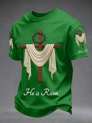 Men's He Is Risen Easter Jesus Christian Cross Print Casual Tee