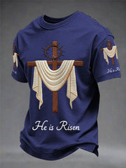 Men's He Is Risen Easter Jesus Christian Cross Print Casual Tee