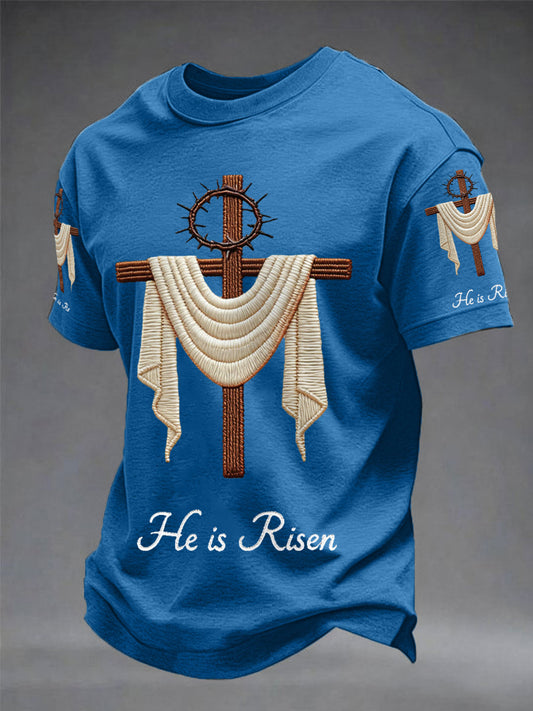 Men's He Is Risen Easter Jesus Christian Cross Print Casual Tee