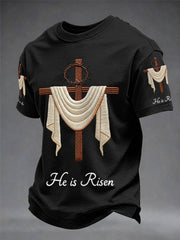 Men's He Is Risen Easter Jesus Christian Cross Print Casual Tee