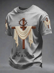 Men's He Is Risen Easter Jesus Christian Cross Print Casual Tee