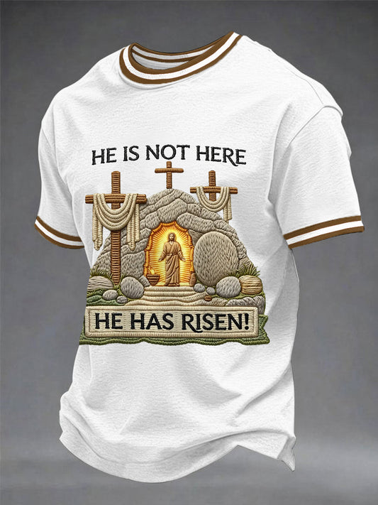 Men's He Is Not Here He Has Risen Easter Jesus Christian Cross Print Casual Tee
