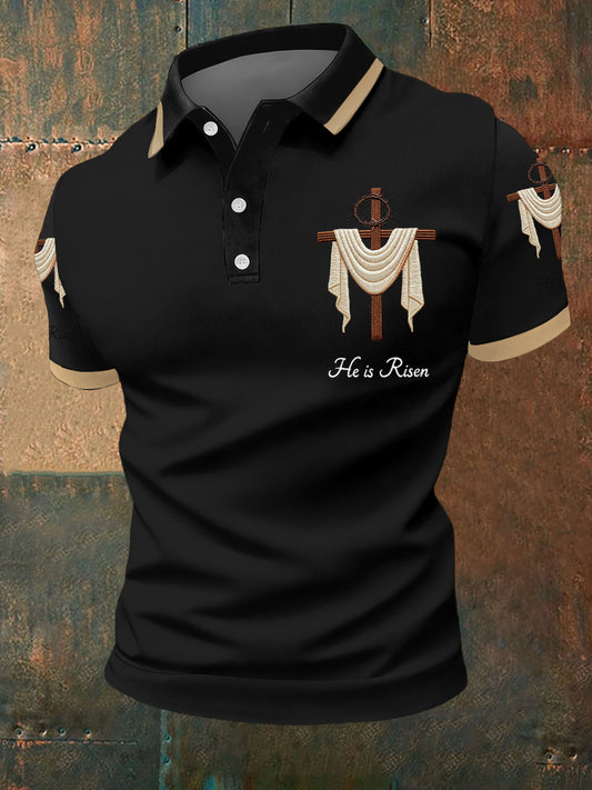 Men's He Is Risen Jesus Christian Cross Print Polo