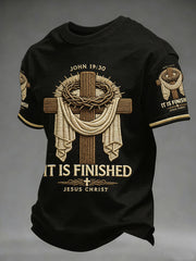 Men's He Is Risen It’s Finished Easter Jesus Christian Cross Print Casual Tee