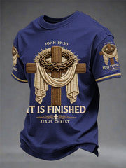 Men's He Is Risen It’s Finished Easter Jesus Christian Cross Print Casual Tee