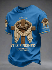 Men's He Is Risen It’s Finished Easter Jesus Christian Cross Print Casual Tee