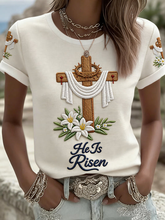 Women's He Is Risen Jesus Christian Cross Print Tee