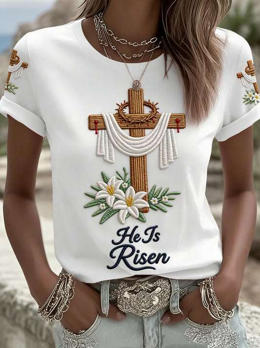 Women's He Is Risen Jesus Christian Cross Print Tee