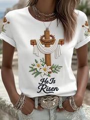 Women's He Is Risen Jesus Christian Cross Print Tee