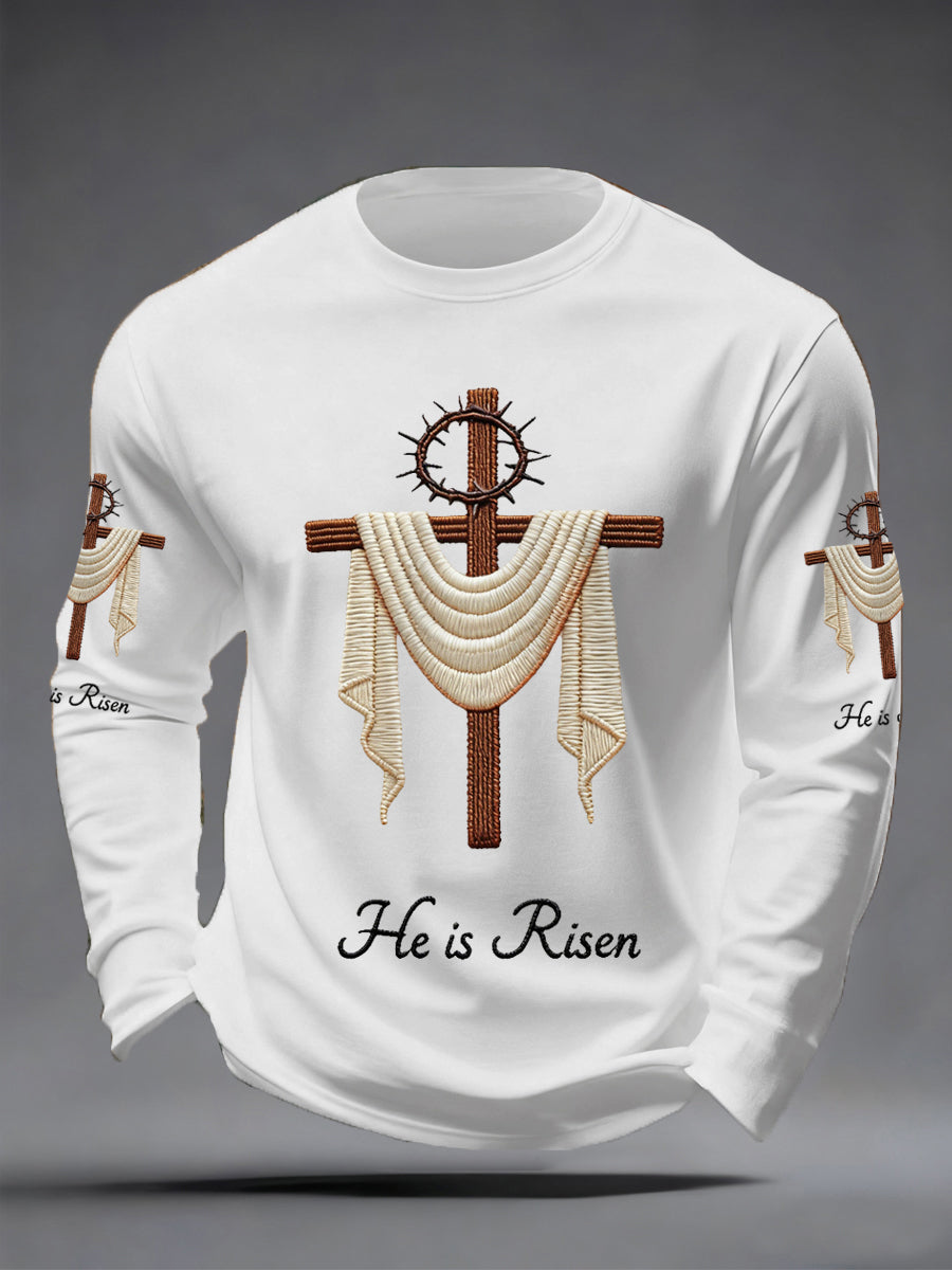 Men's He Is Risen Jesus Christian Cross Print Casual Long Sleeve T-Shirt
